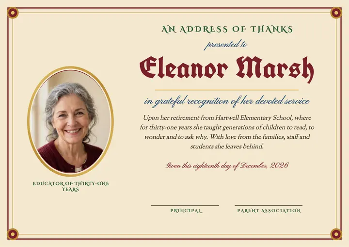 Illuminated address retirement certificate template