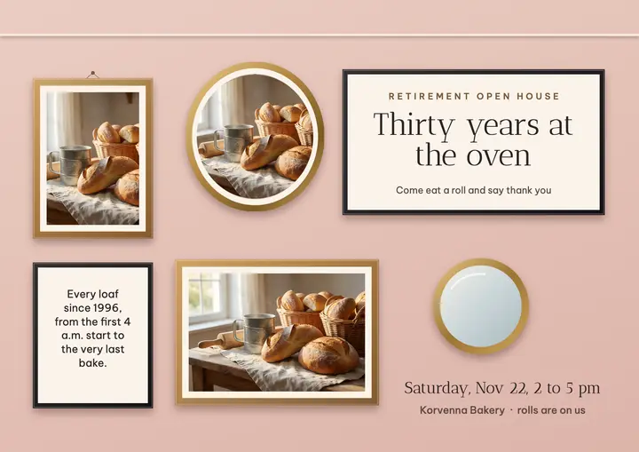 Korvenna Bakery retirement open house gallery wall card template