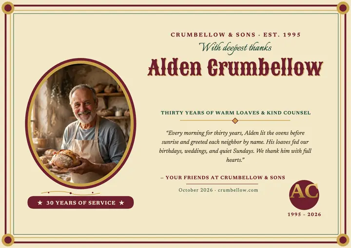 Baker retirement testimonial certificate template