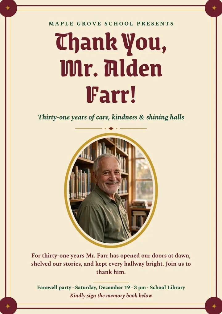 Custodian retirement thank you flyer template