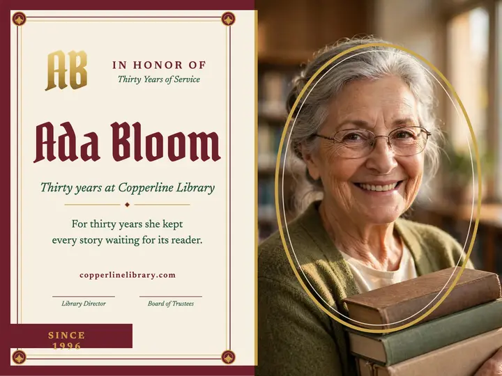Ada Bloom retirement tribute, Copperline Library template