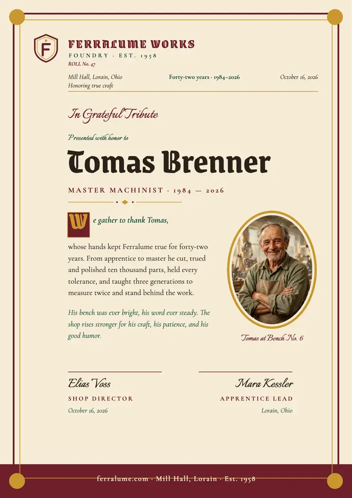 Ferralume retirement tribute for machinist template