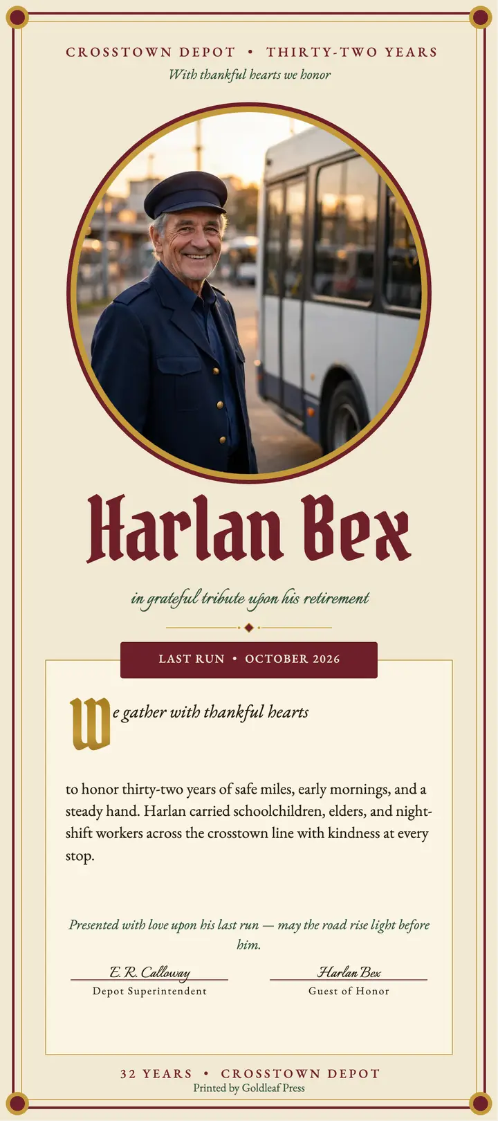 Harlan Bex retirement tribute, illuminated: retirement tribute card template