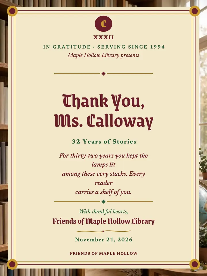 Retiring librarian illuminated thank you template