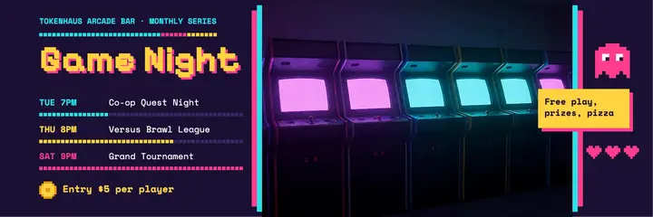 Tokenhaus arcade game night pixel header template