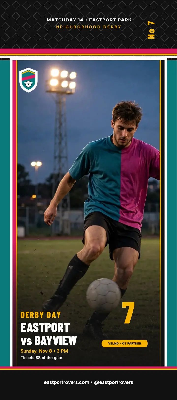 Eastport Rovers derby day retro kit card template