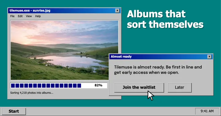 Tilemuse photo album app waitlist retro desktop post: app waitlist post template
