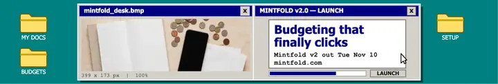 Mintfold budget app retro desktop cover: app launch cover template