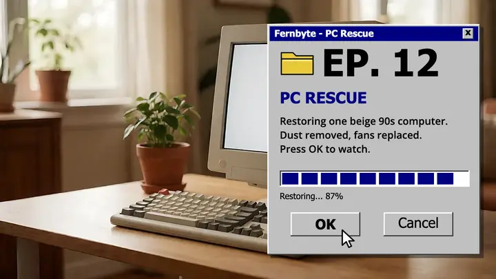 Retro PC restoration thumbnail, 90s desktop template
