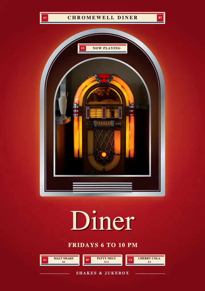 Chromewell Diner Friday night jukebox flyer: diner flyer template