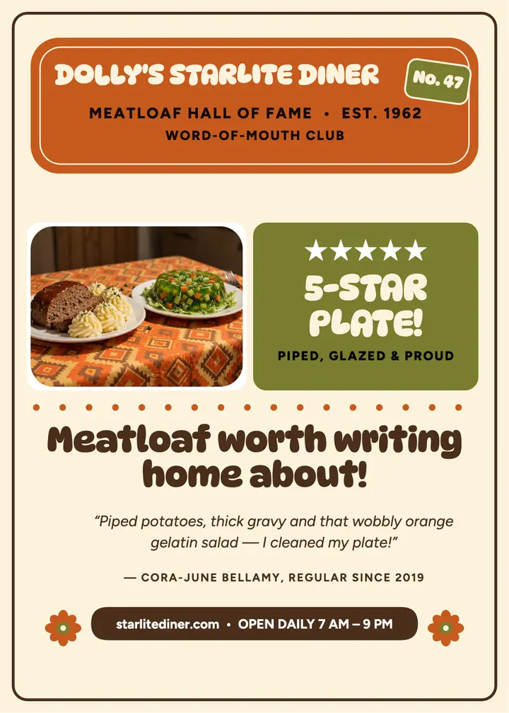 Dolly's Starlite meatloaf review card: diner review card template