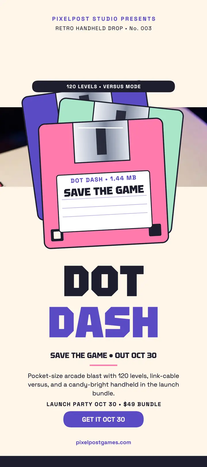 Dot Dash retro game floppy launch card template