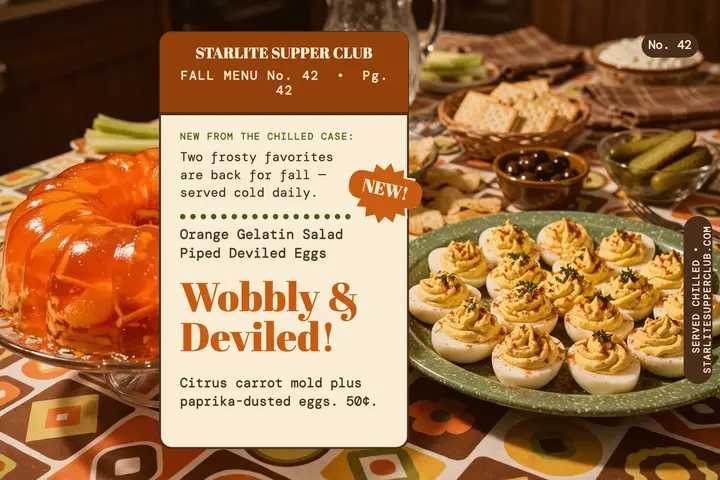 Starlite fall menu postcard, gelatin and eggs template