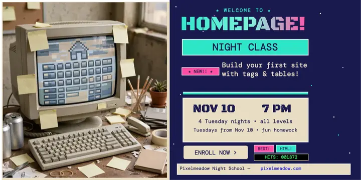 Pixelmeadow homepage night class post template