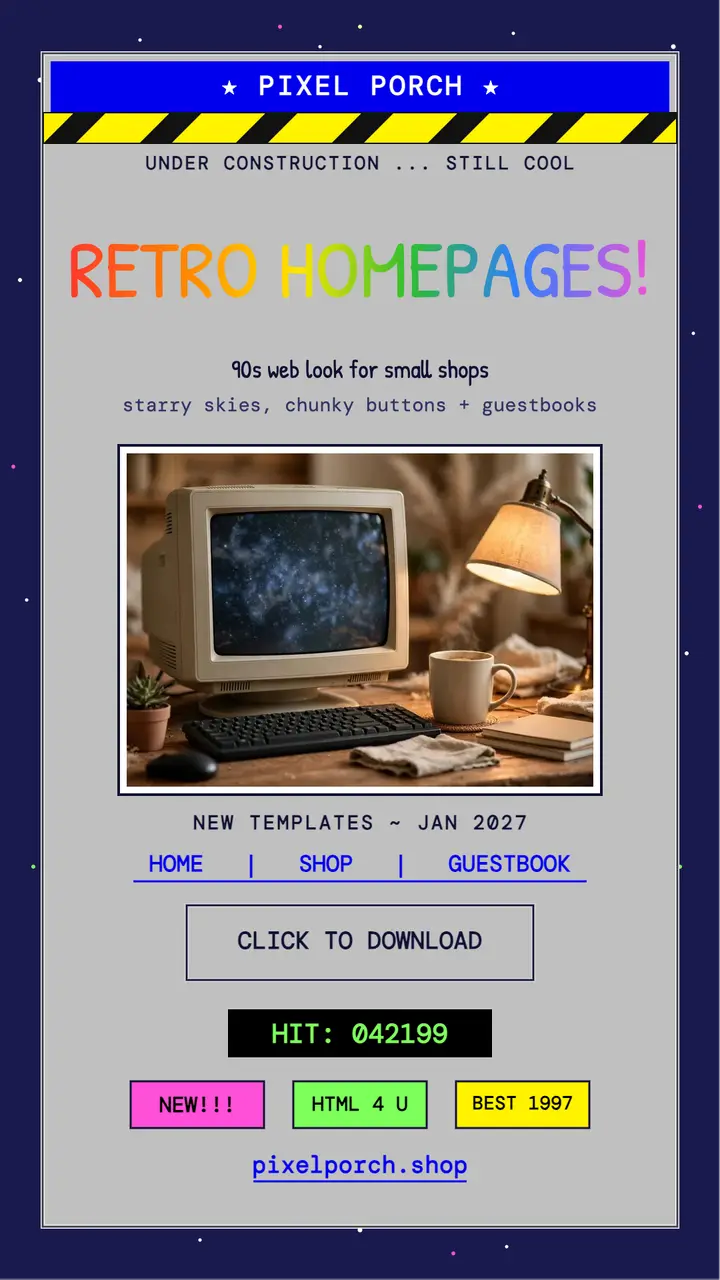 Pixel Porch retro homepage templates story template