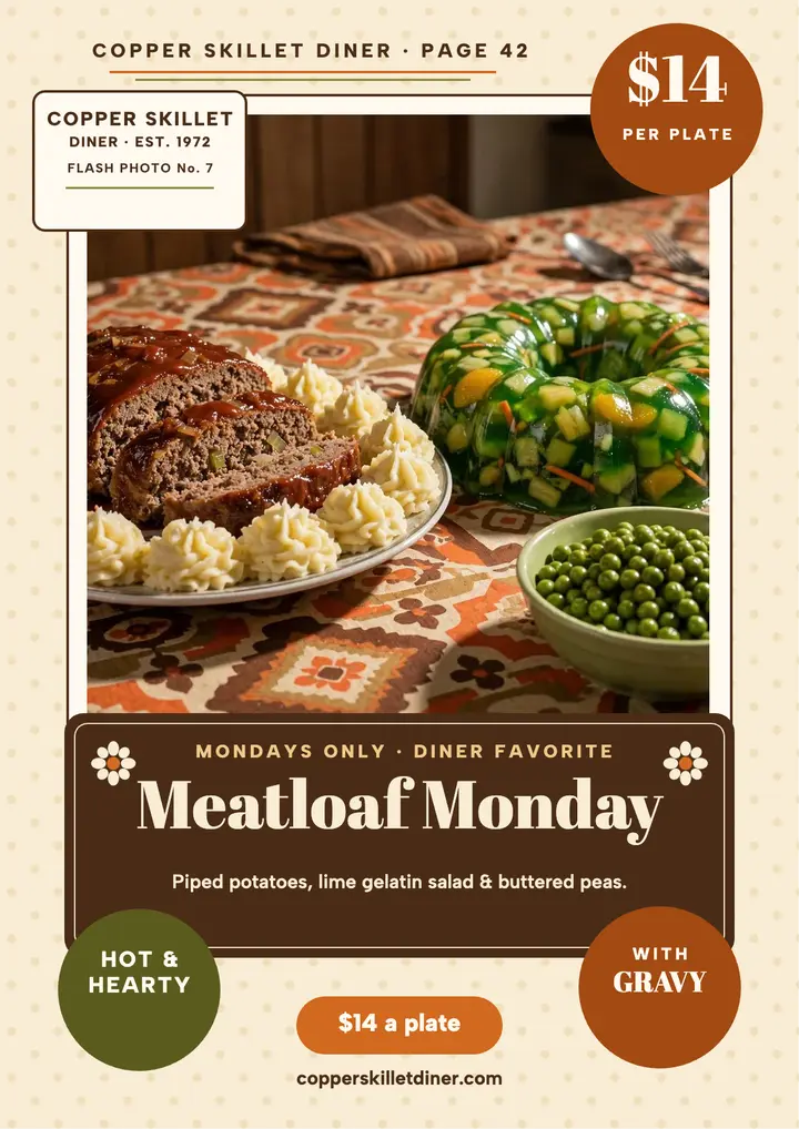 Copper Skillet meatloaf Monday flyer: meatloaf flyer template