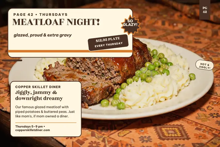 Copper Skillet meatloaf night postcard template