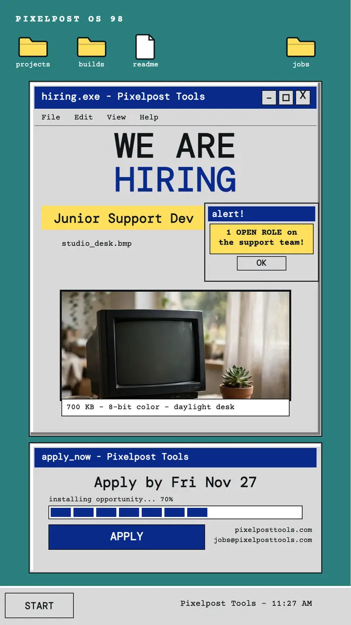 Pixelpost Tools retro OS hiring story template