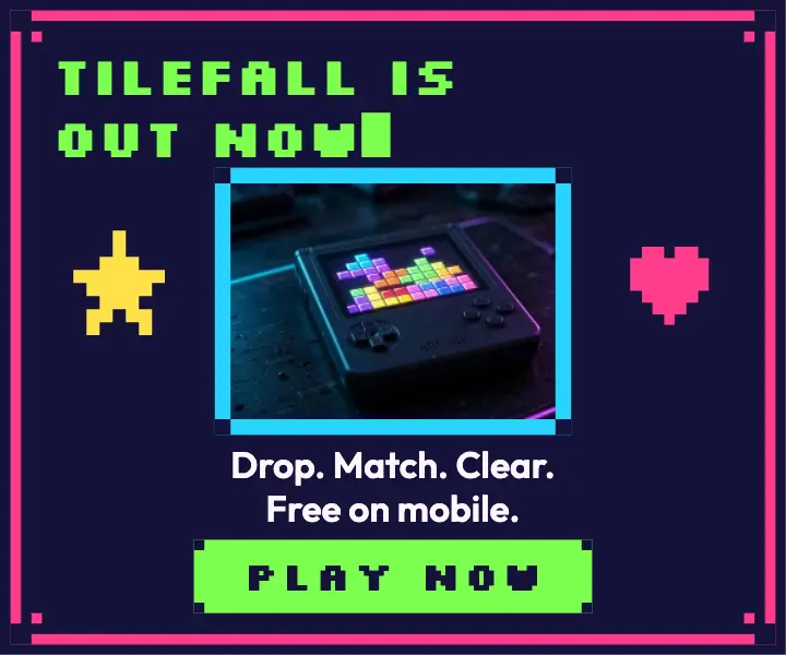 Retro puzzle game launch ad, Tilefall by Bytepuddle template