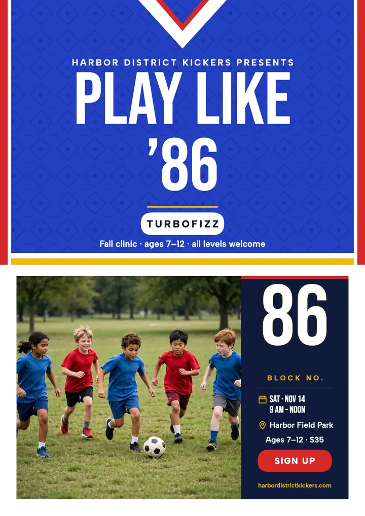 Harbor District Kickers retro clinic flyer template