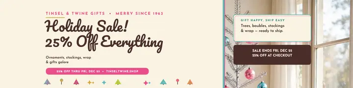 Tinsel and Twine retro holiday sale banner template