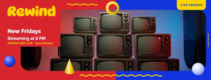 Rewind Friday watch party CRT stack Facebook cover, 90s ident template