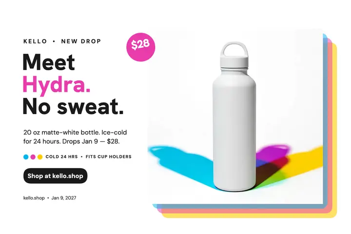 Kello Hydra bottle drop postcard: product drop postcard template