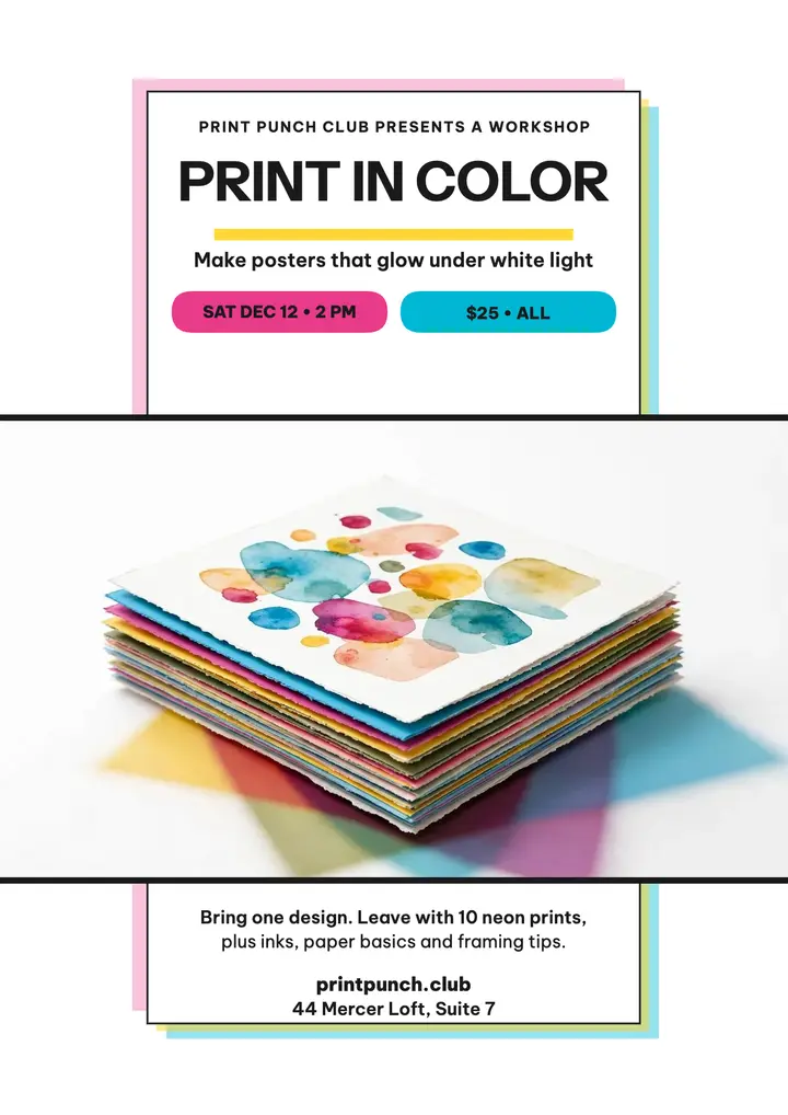 Print Punch Club neon workshop flyer: print workshop flyer template
