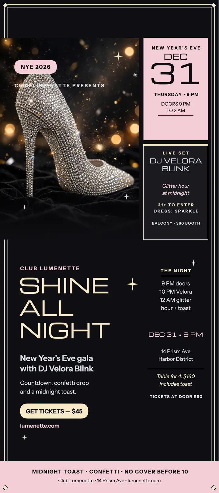 Lumenette NYE glitter gala rack card template