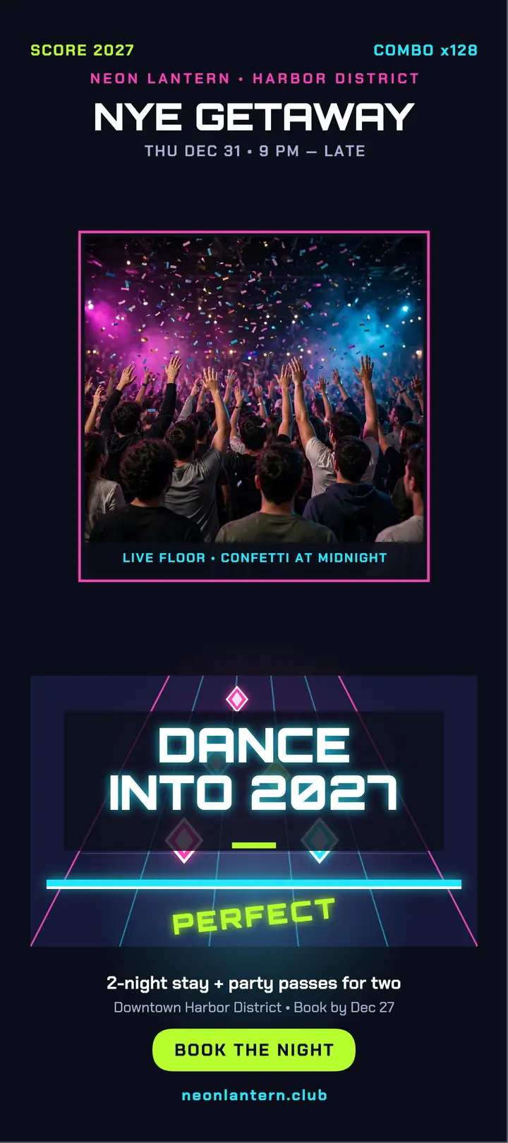 Neon Lantern NYE dance getaway rack card template
