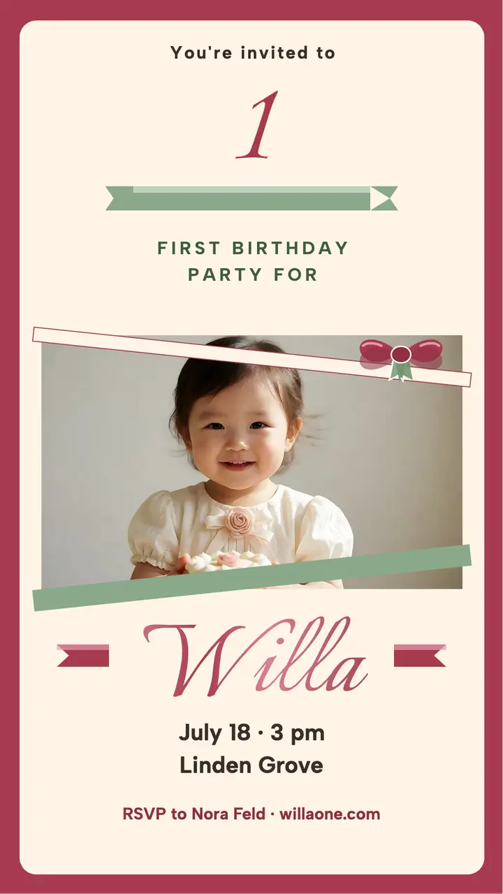 Willa first birthday ribbon story: first birthday invite template