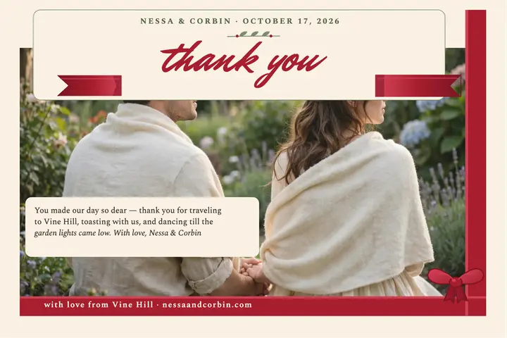 Nessa and Corbin ribbon thank you postcard template