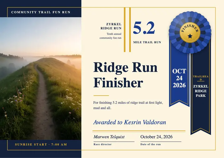 Zyrkel Ridge Run finisher certificate template