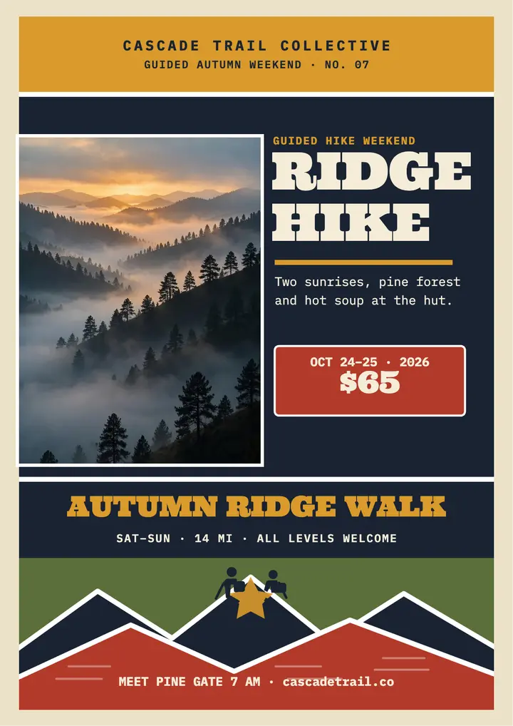 Cascade ridge hike weekend woodcut flyer template