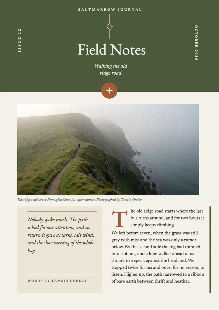 Field notes: walking the old ridge road: travel essay flyer template
