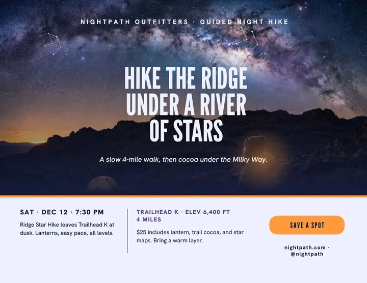 Nightpath ridge star hike flyer: night hike flyer template