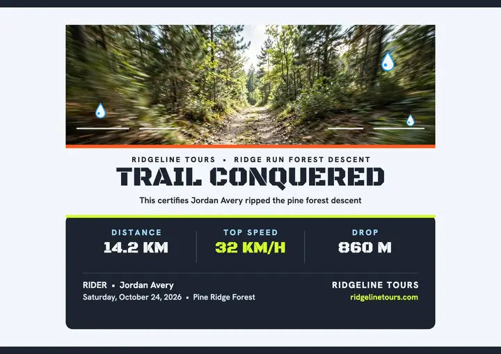 Ridgeline Tours trail conquered certificate: adventure tour certificate template