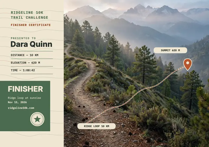 Ridgeline 10K trail finisher certificate template