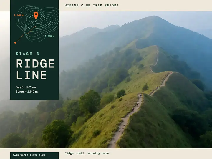 Ridgeline trail report topographic slide: hiking trip report slide template