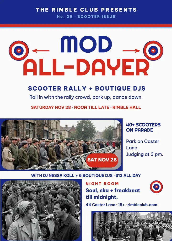Rimble Club mod all-dayer invitation template
