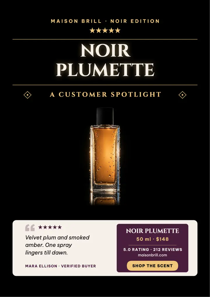 Noir Plumette perfume review spotlight flyer template