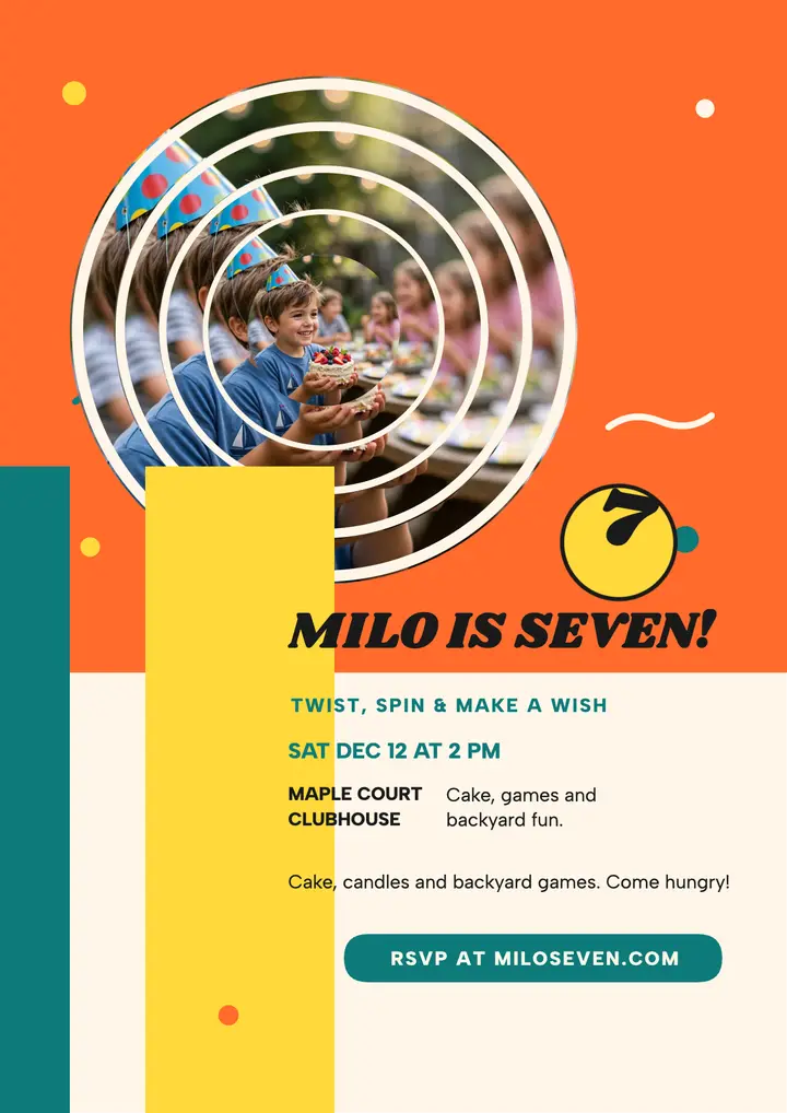 Milo seventh birthday flyer with twisted rings: birthday flyer template