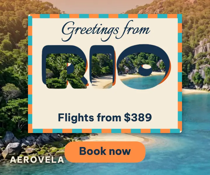 Aerovela Rio flight deal postcard ad template