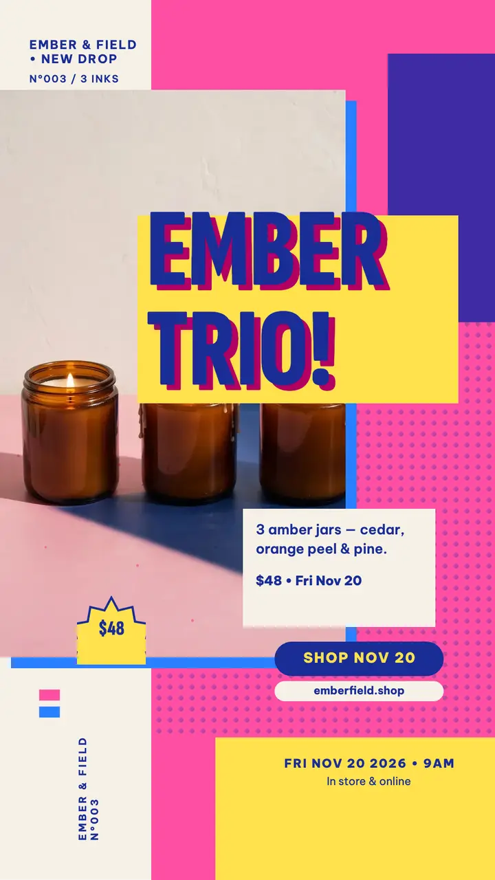 Ember and Field candle trio riso story template