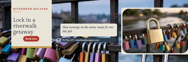 Riverbend Escapes riverwalk getaway header template