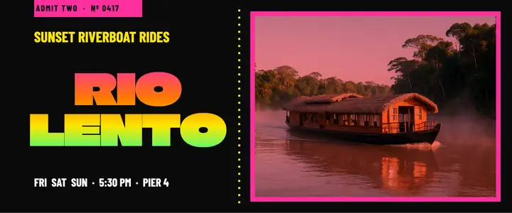 Rio Lento sunset riverboat ticket, chicha poster style template