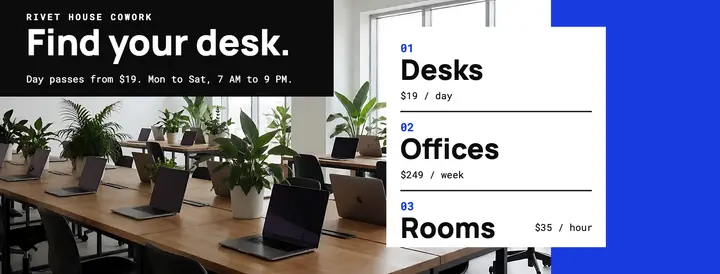 Rivet House Cowork day pass Facebook cover, Swiss grid template