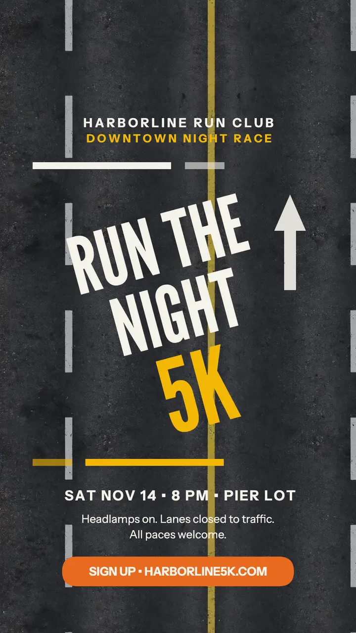 Harborline night 5K road letters story template