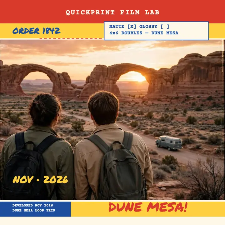 Dune Mesa Loop road trip film envelope post template