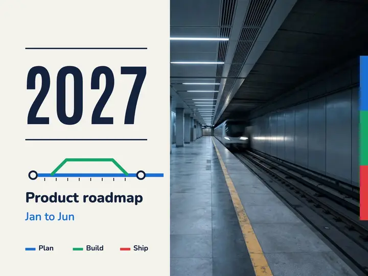 Product roadmap 2027 opening slide, transit diagram template